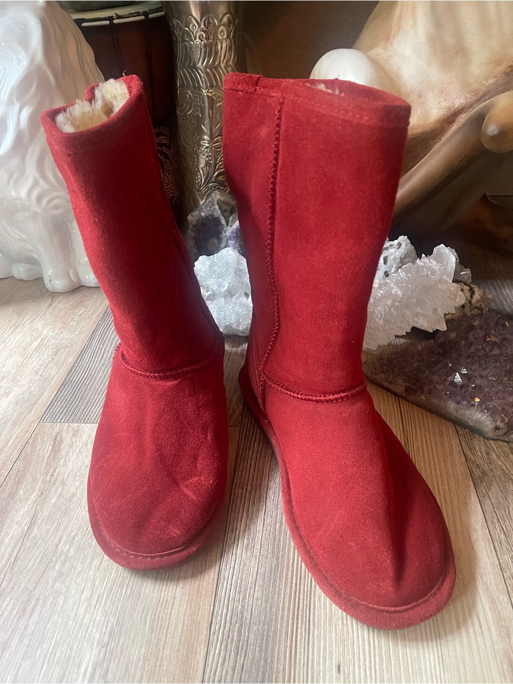 BearPaw Red Suede Mid-Calf Shearling Boots